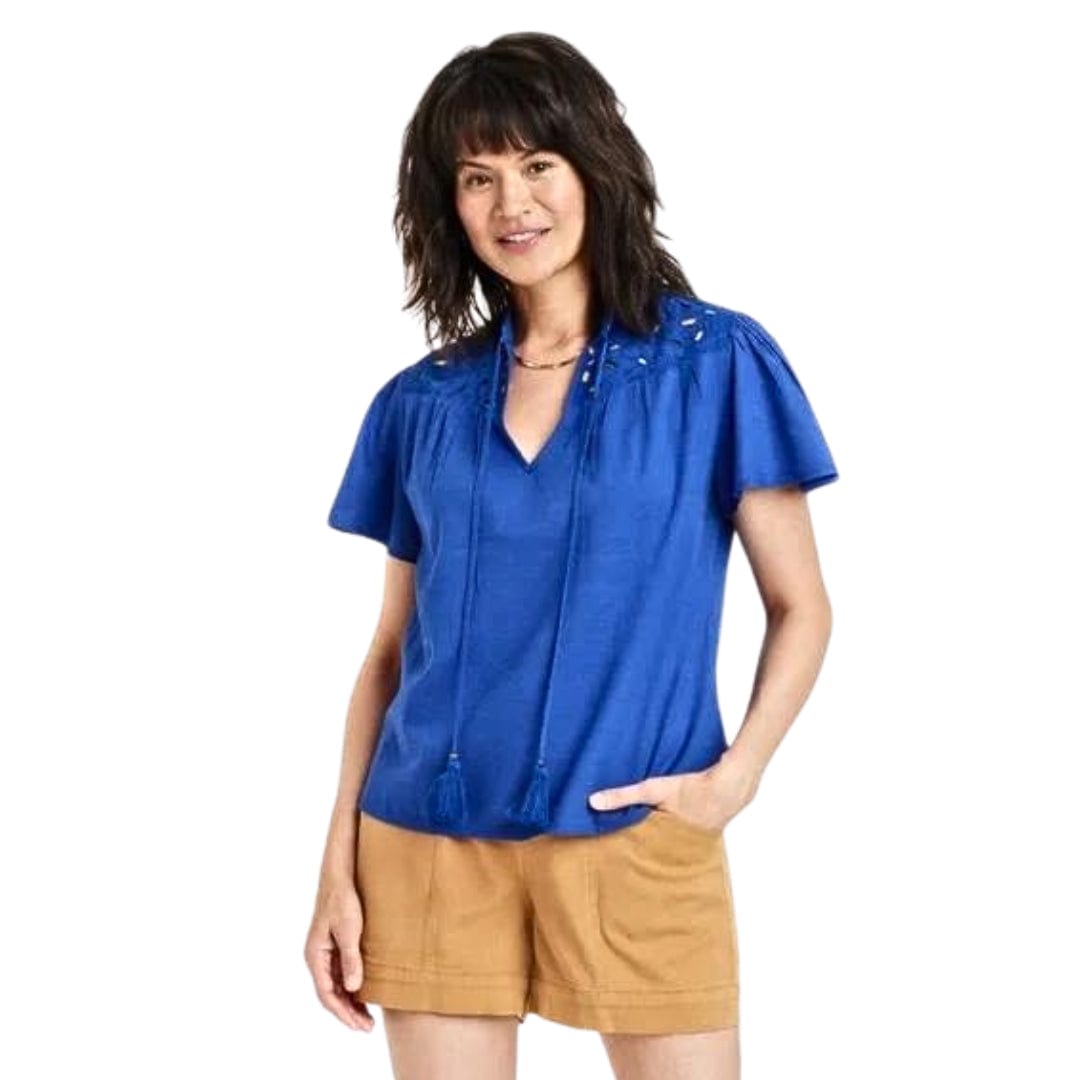 KNOX ROSE Womens Tops S / Blue KNOX ROSE - Short Sleeve V-Neck Woven Eyelet Top