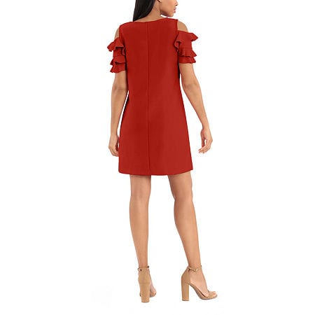 LONDON STYLE Womens Dress Petite L / Red LONDON STYLE -  Short Ruffle Sleeve Cold Shoulder Shift Dress