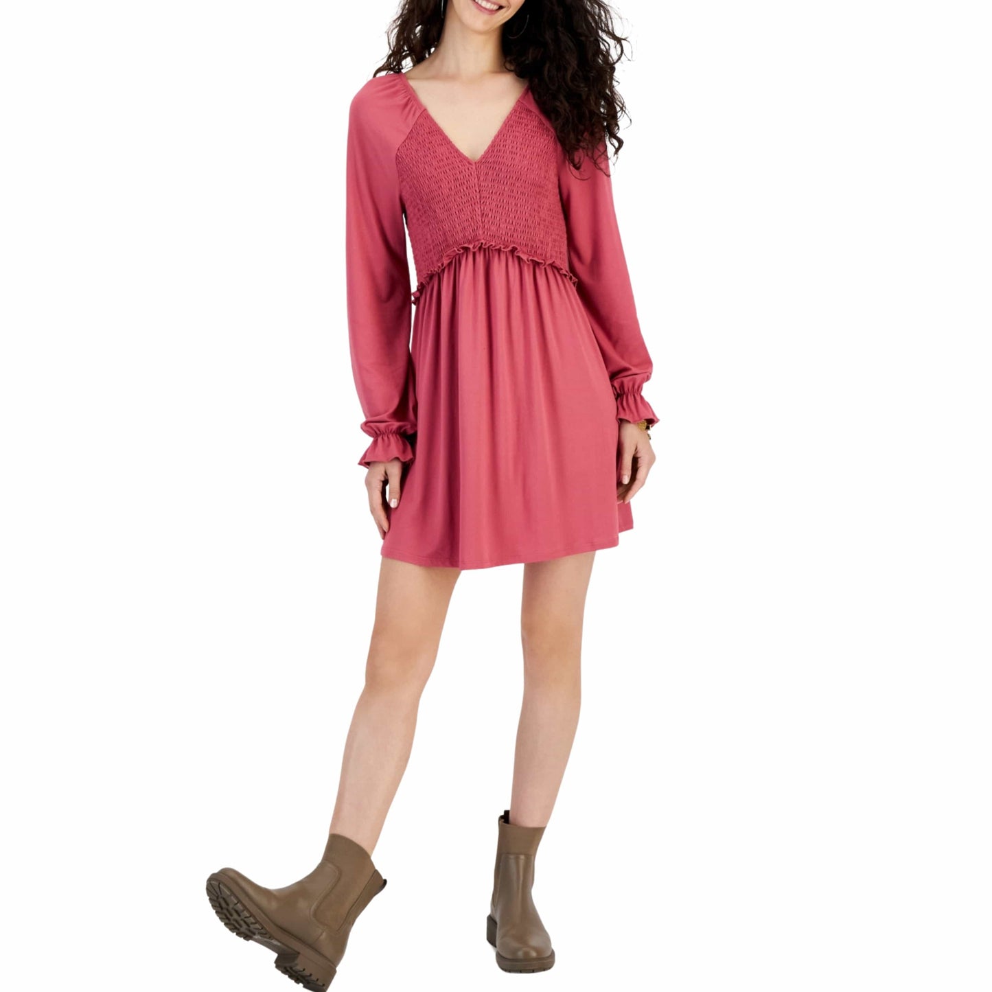 LOVE FIRE Womens Dress XS / Pink LOVE FIRE - Long-Sleeved Smocked Short Dress