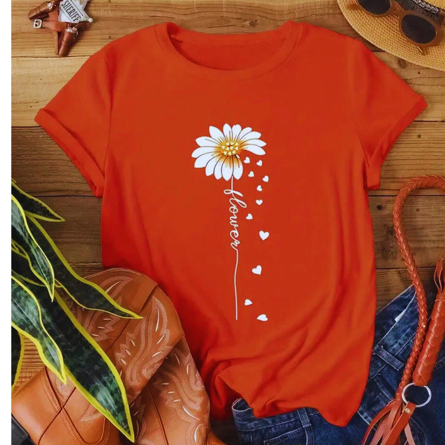 SHEIN - Flower & Letter Print Short Sleeve T-Shirt