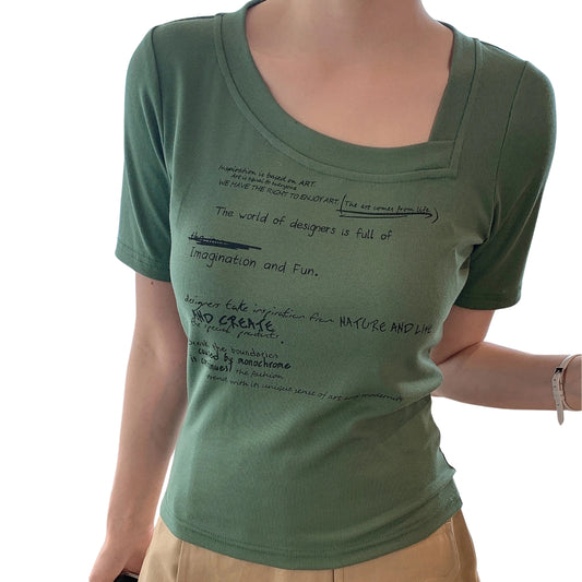 SHEIN - Slogan Graphic Asymmetrical Neck T-Shirt