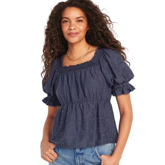 OLD NAVY - Puff-Sleeve Smocked Embroidered Blouse