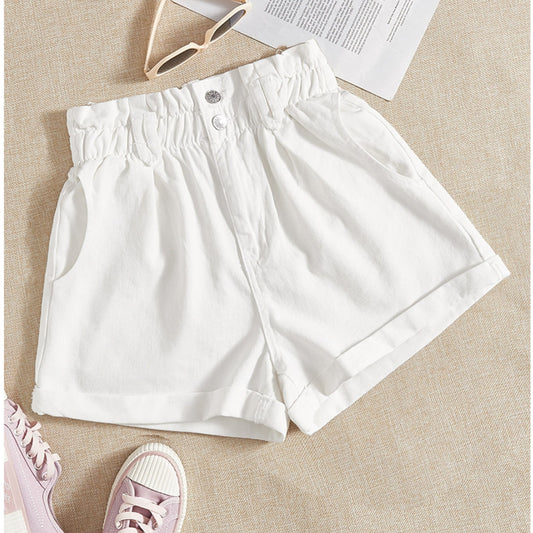 SHEIN - Essnce Paper Bag Waist Roll Up Hem Denim Shorts