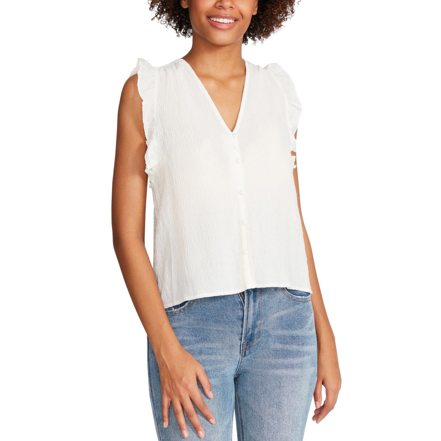 STEVE MADDEN -  Loretta Smocked Flutter Sleeves Button-Down Top