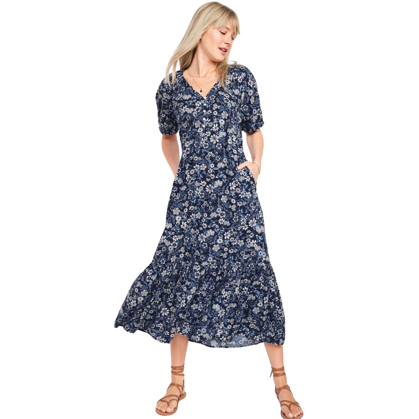 OLD NAVY - Floral-Print Puff-Sleeve Midi Dress