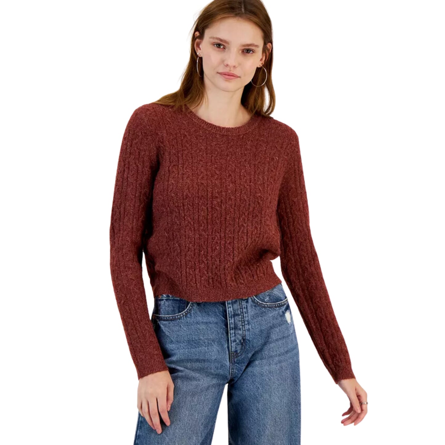 HIPPIE ROSE -  Cable-Knit Crewneck Pullover Sweater