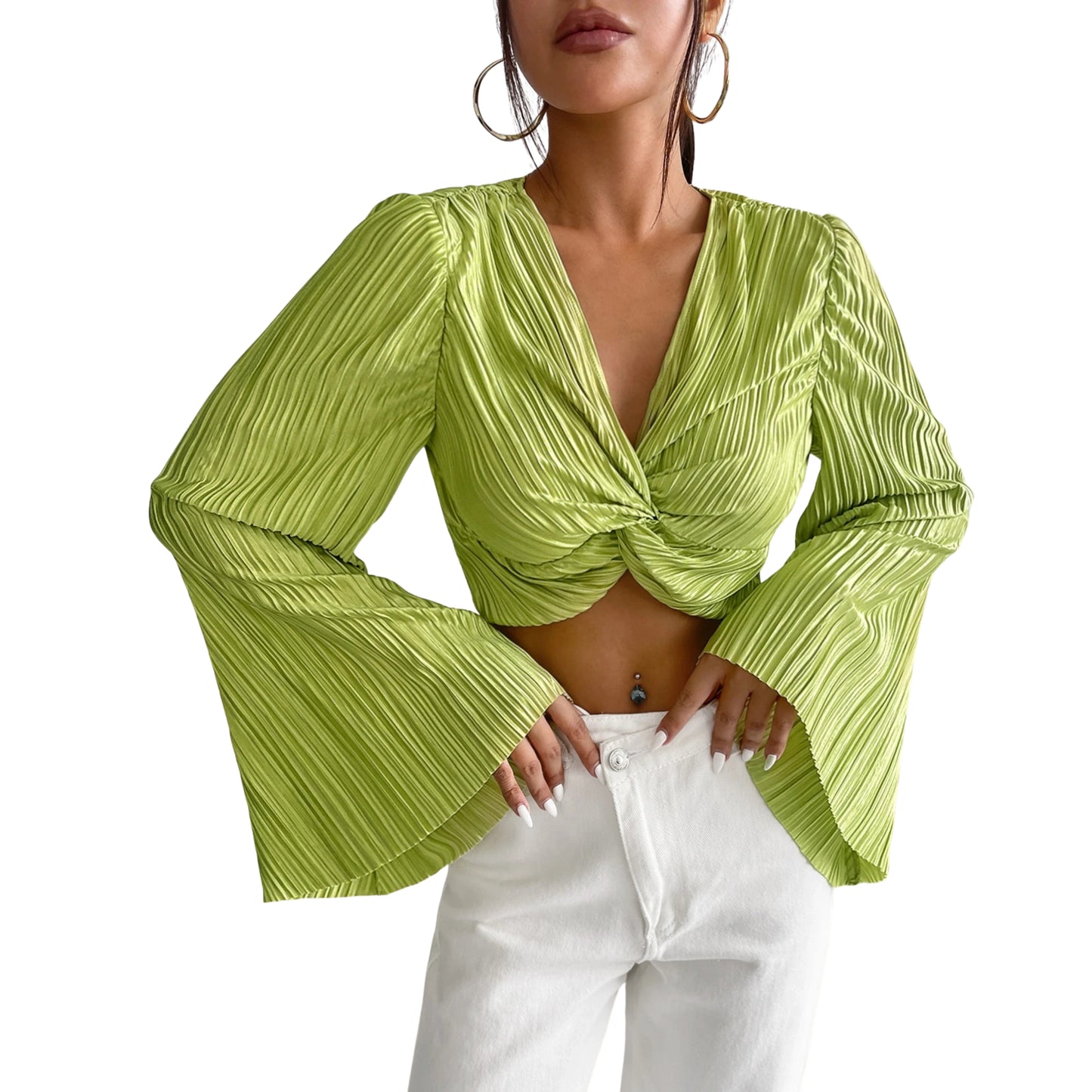 SHEIN -  Pleated Front Ruffle Sleeve Crop Top