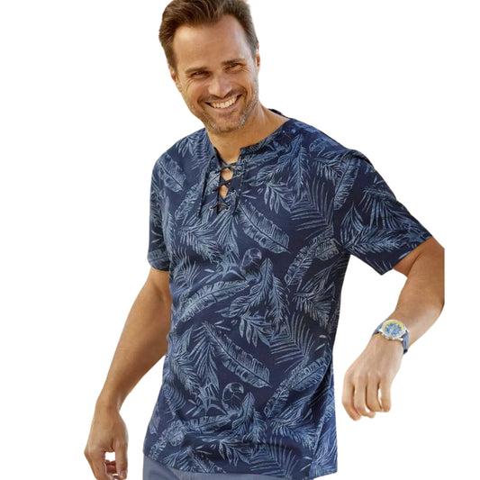 ATLAS FOR MEN -  Tropical Print Lace-Up T-Shirt