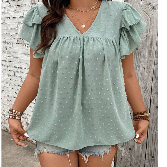 SHEIN - Solid Color Lotus Leaf Short Sleeve Blouse