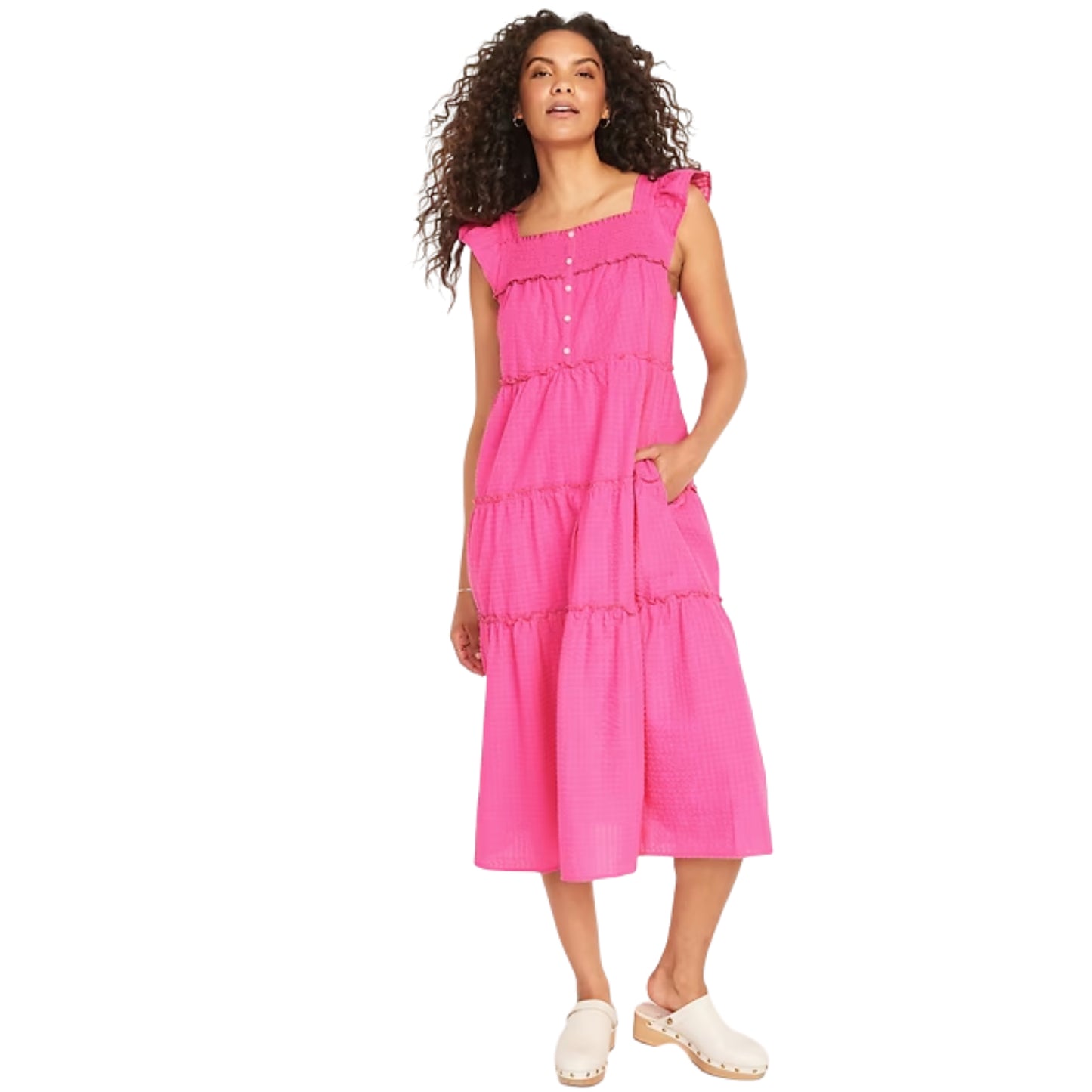 OLD NAVY - Flutter-Sleeve Printed Tiered Smocked Midi Swing Dress
