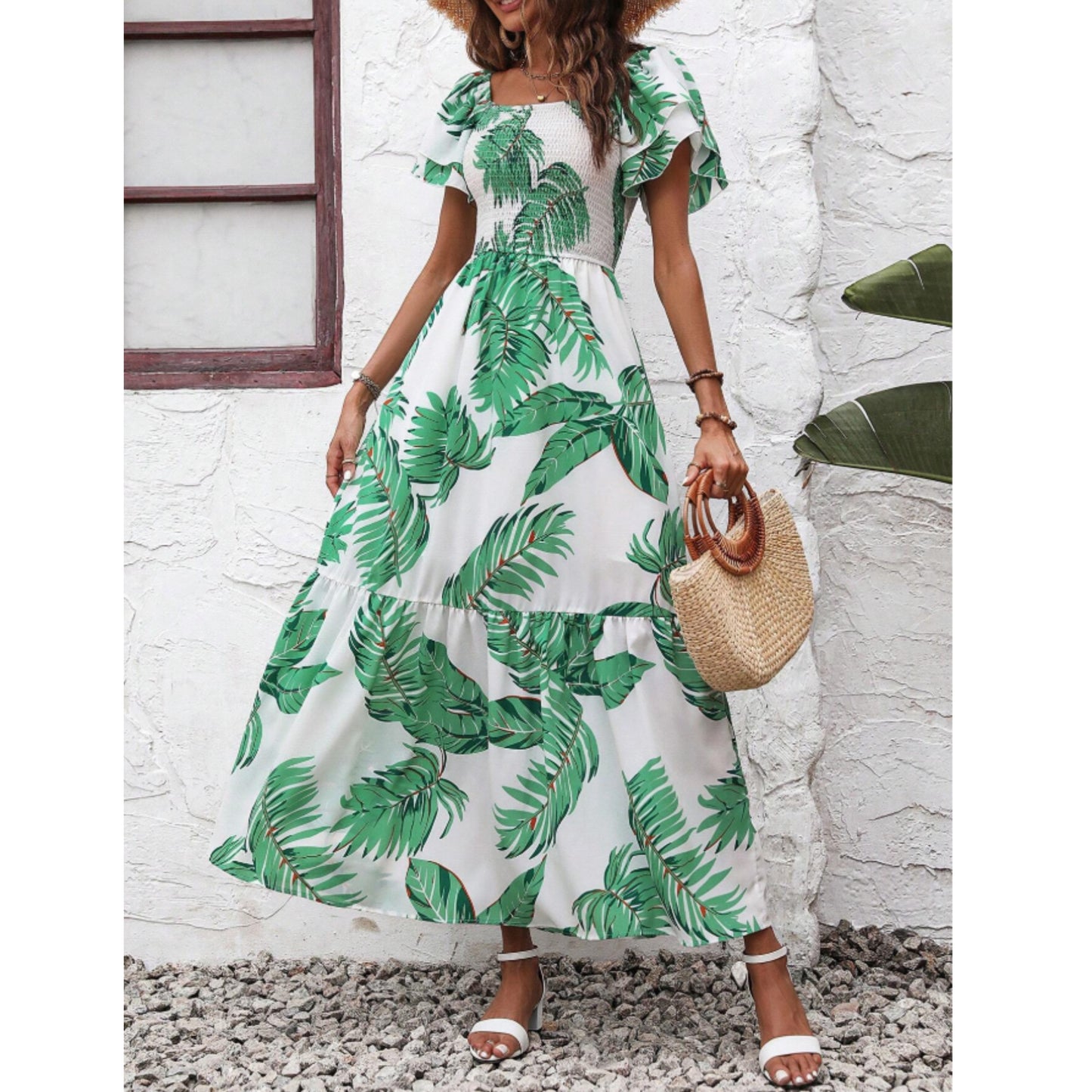 SHEIN - Tropical Print Butterfly Sleeve Ruffle Hem Dress