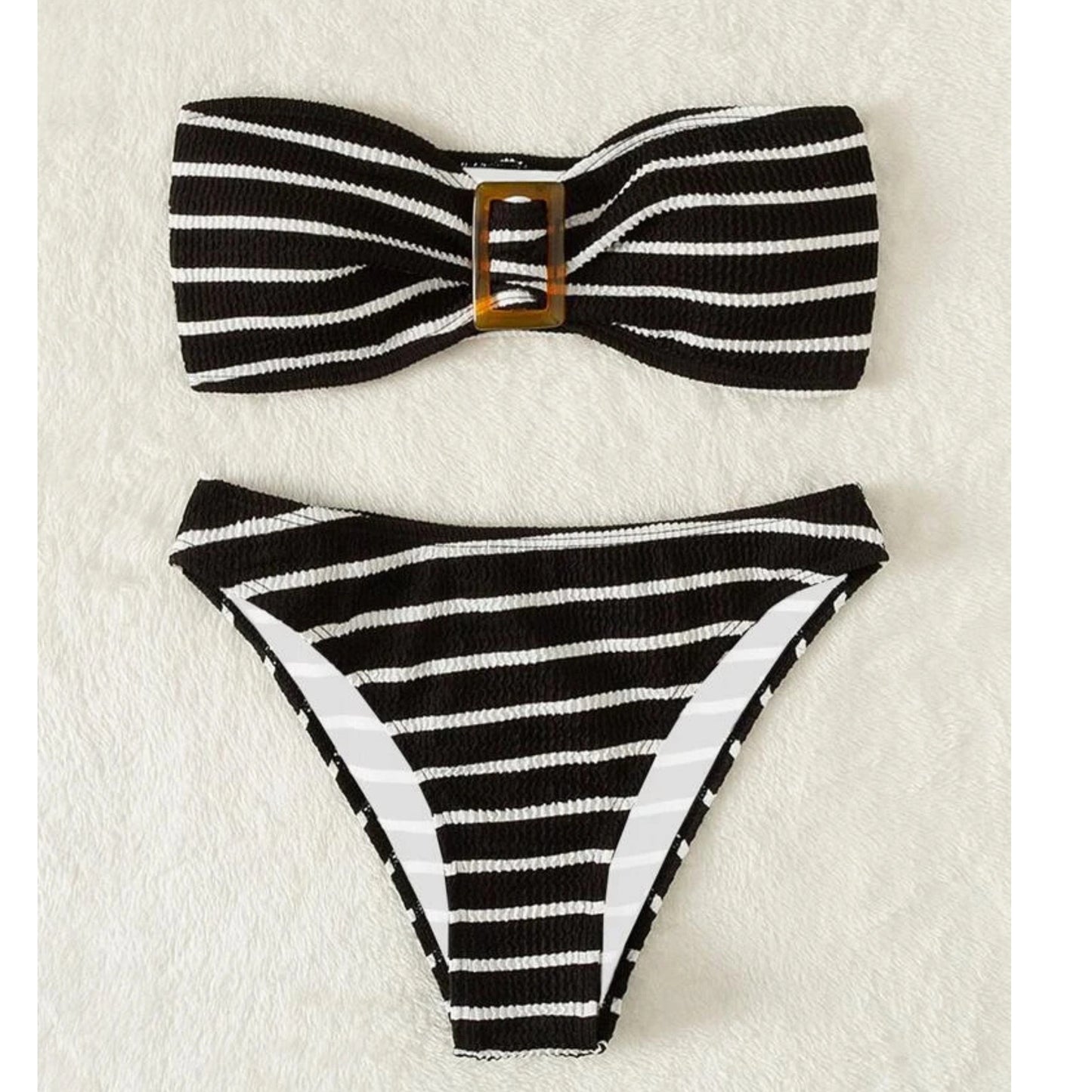 SHEIN - Swim Summer Beach Striped Textured Bandeau Bikini