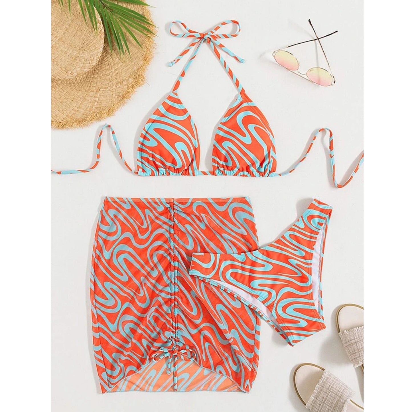 SHEIN - Allover Graphic Halter Triangle Bikini & Beach Skirt