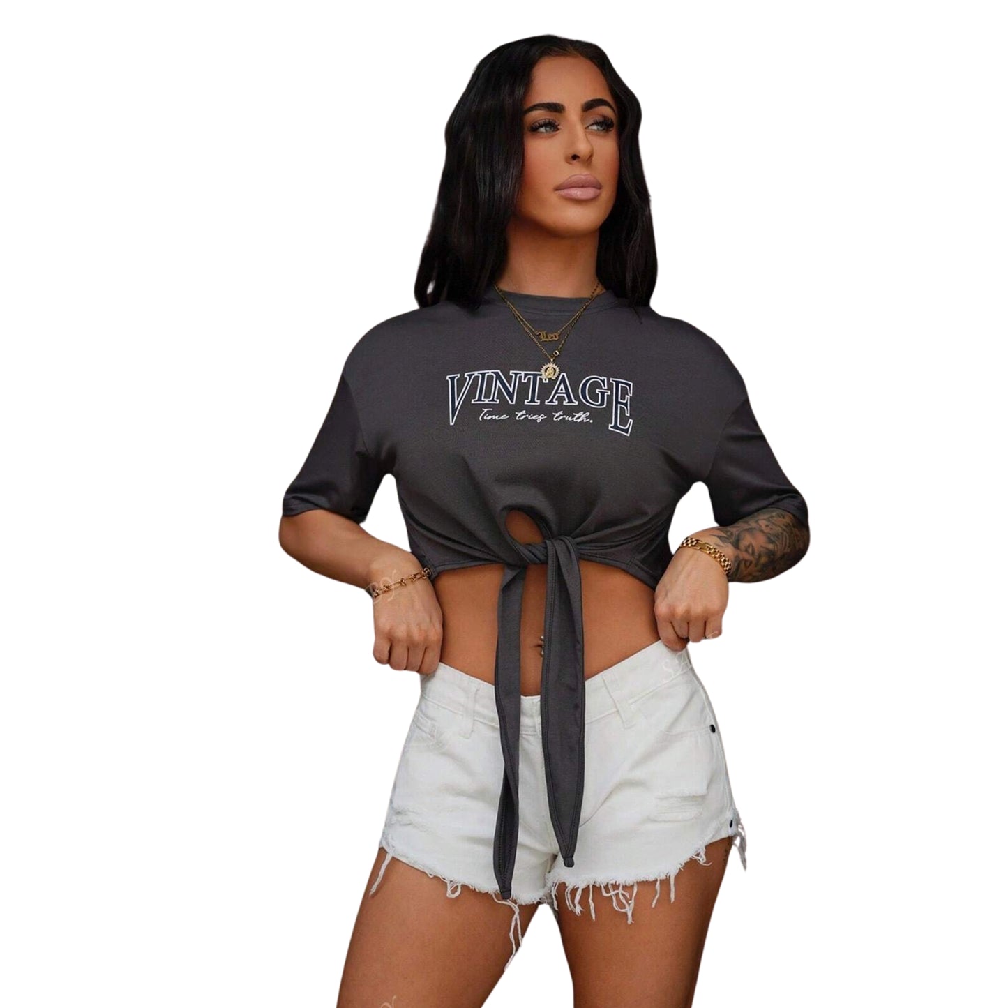 SHEIN - Letters Printed Short Sleeve Cropped T-Shirt