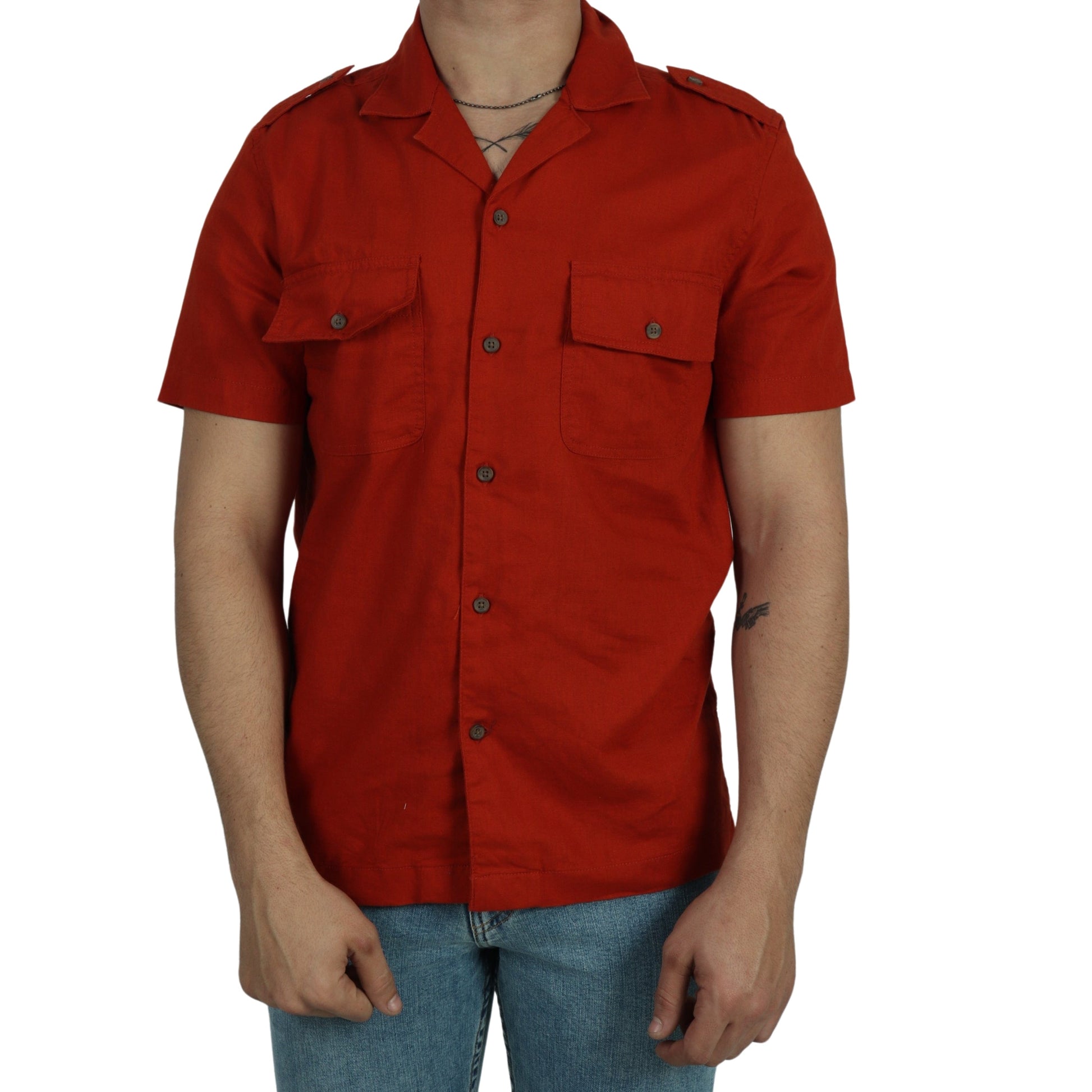 MUTUAL WEAVE Mens Tops S / Orange MUTUAL WEAVE - T-shirt Buttons Front