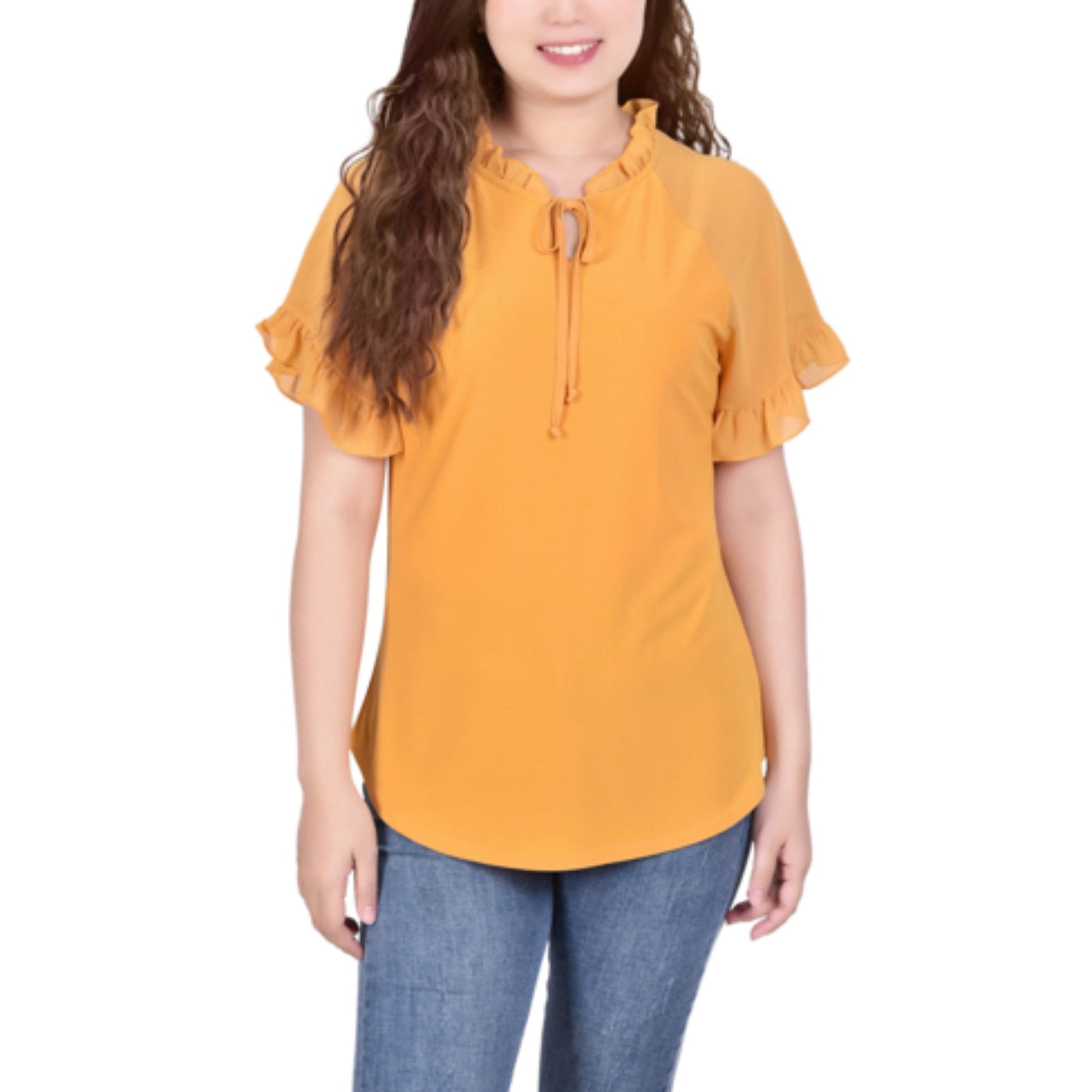 NY COLLECTION Womens Tops S / Yellow NY COLLECTION -  Short Ruffled Sleeve Crepe Knit Top with Chiffon Sleeves