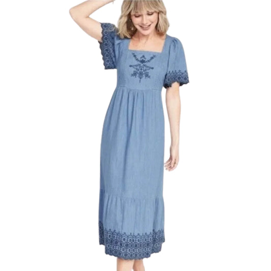 OLD NAVY Womens Dress Tall XS / Blue OLD NAVY - Fit & Flare flutter sleeve tie back chambray floral midi dress