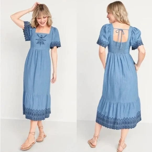 OLD NAVY Womens Dress Tall XS / Blue OLD NAVY - Fit & Flare flutter sleeve tie back chambray floral midi dress