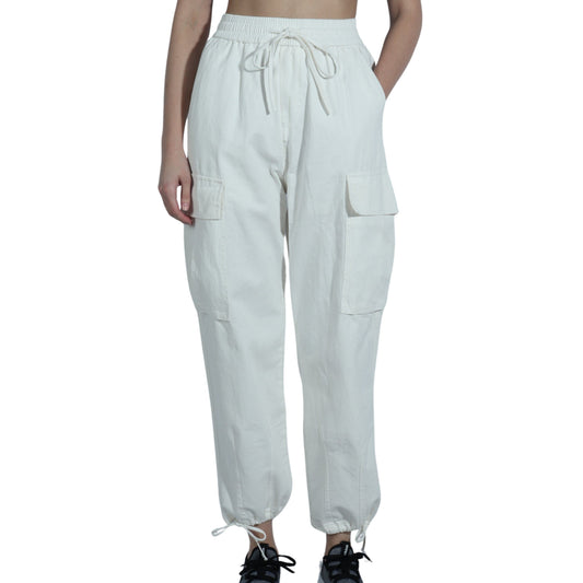 OREETA Womens Bottoms S / White OREETA - Solid Flap Pocket Side Drawstring Hem Cargo Pants