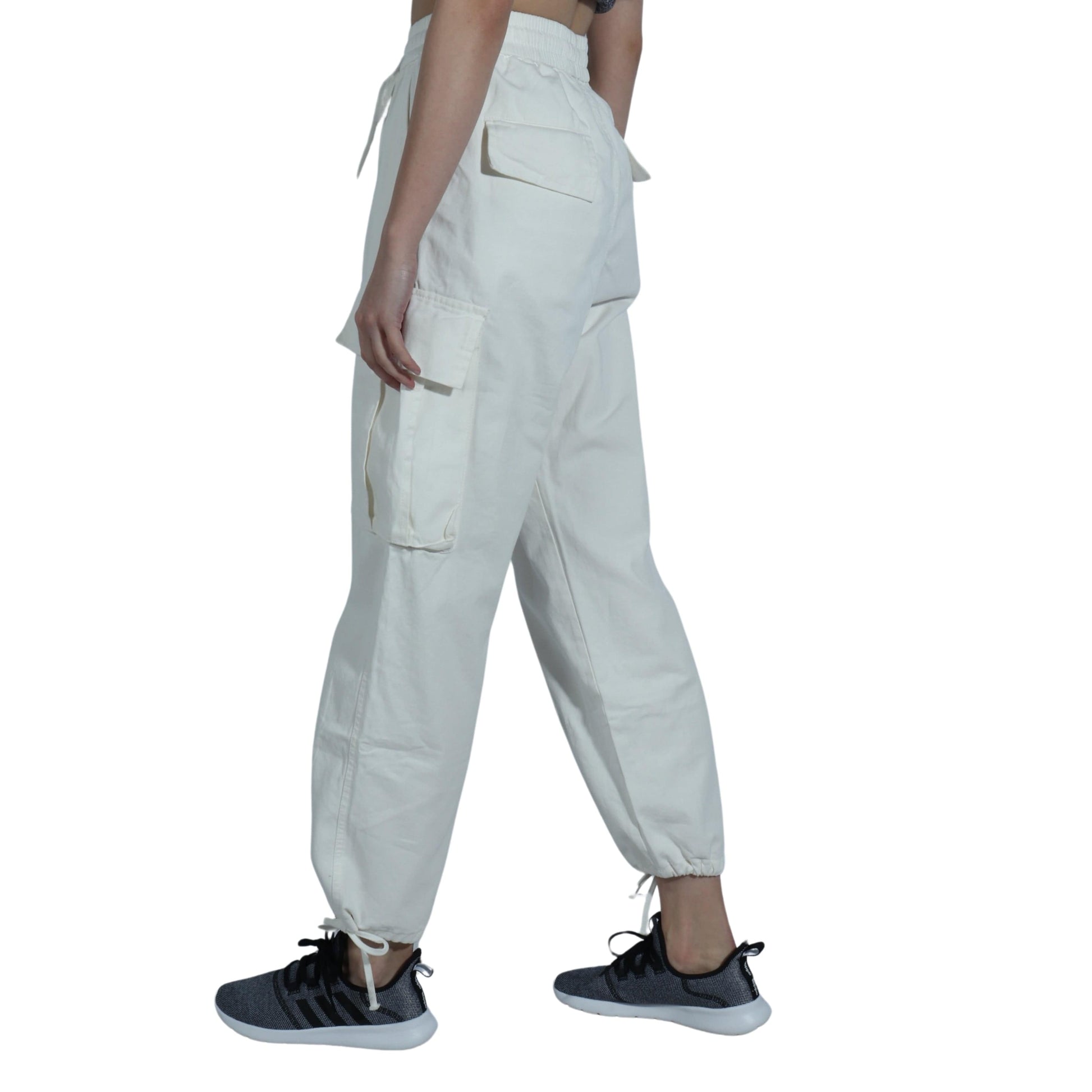 OREETA Womens Bottoms S / White OREETA - Solid Flap Pocket Side Drawstring Hem Cargo Pants