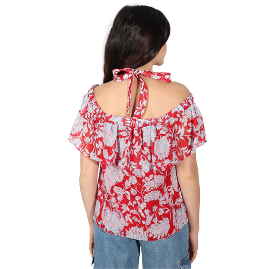 ORIGINAL Womens Tops XS / Multi-Color ORIGINAL - ie Sheer Ruffled Lined Floral Short Sleeve Off shoulder