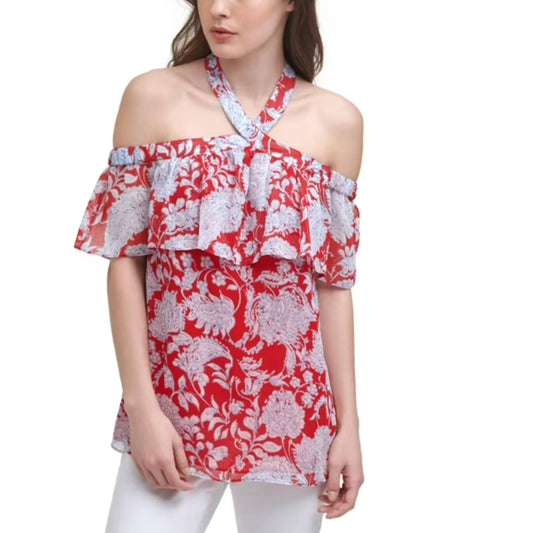 ORIGINAL Womens Tops XS / Multi-Color ORIGINAL - ie Sheer Ruffled Lined Floral Short Sleeve Off shoulder