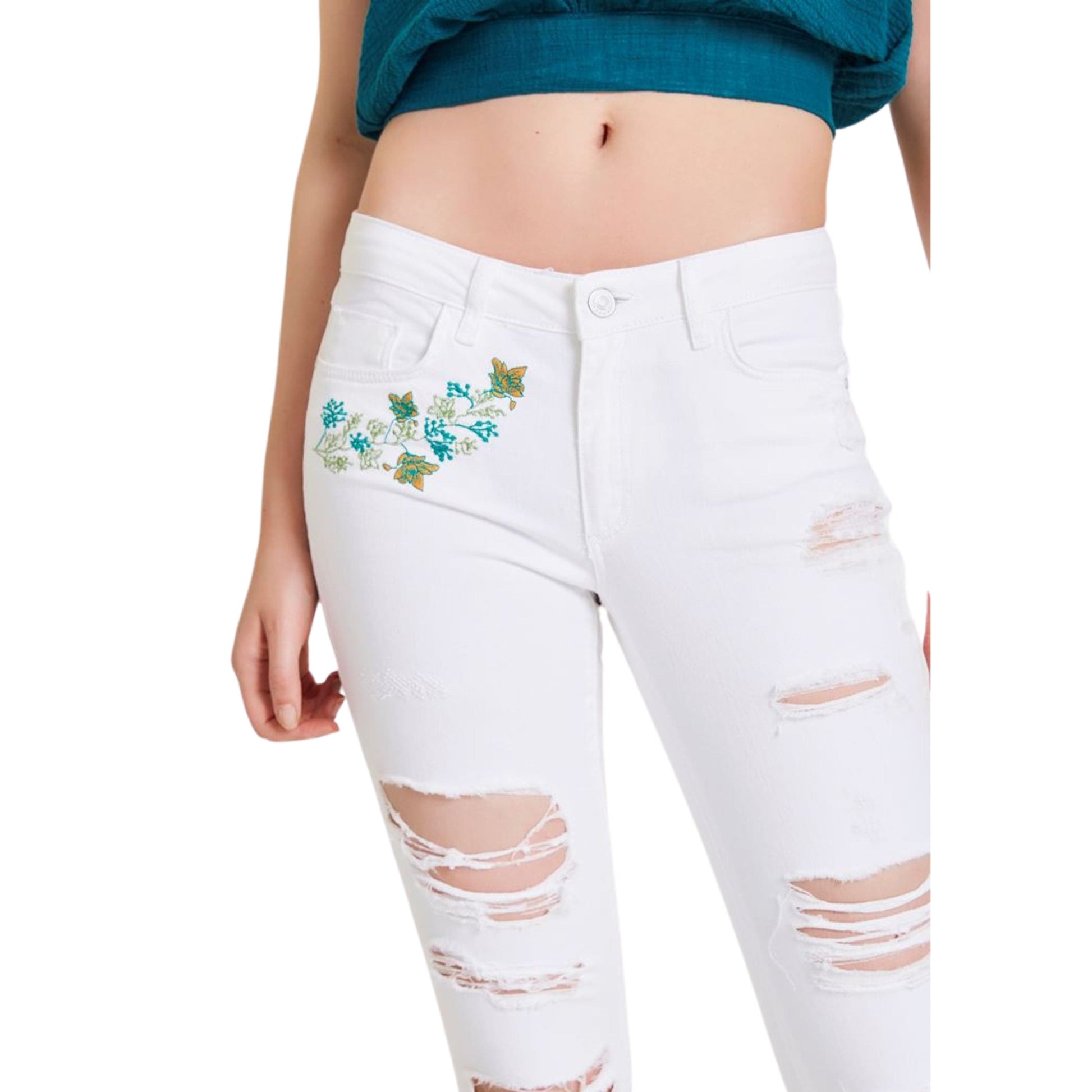 OXXO Womens Bottoms S / White / 26 OXXO - Floral Embroidery Detailed Skinny Leg Denim