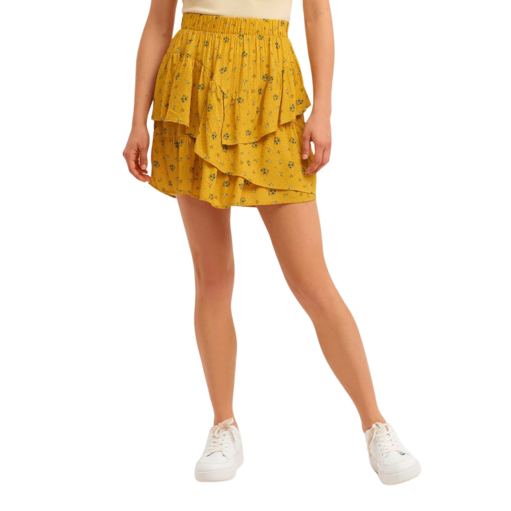 OXXO Womens Bottoms L / Yellow / 42 OXXO - Flower pattern Ruffle Mini Skirt