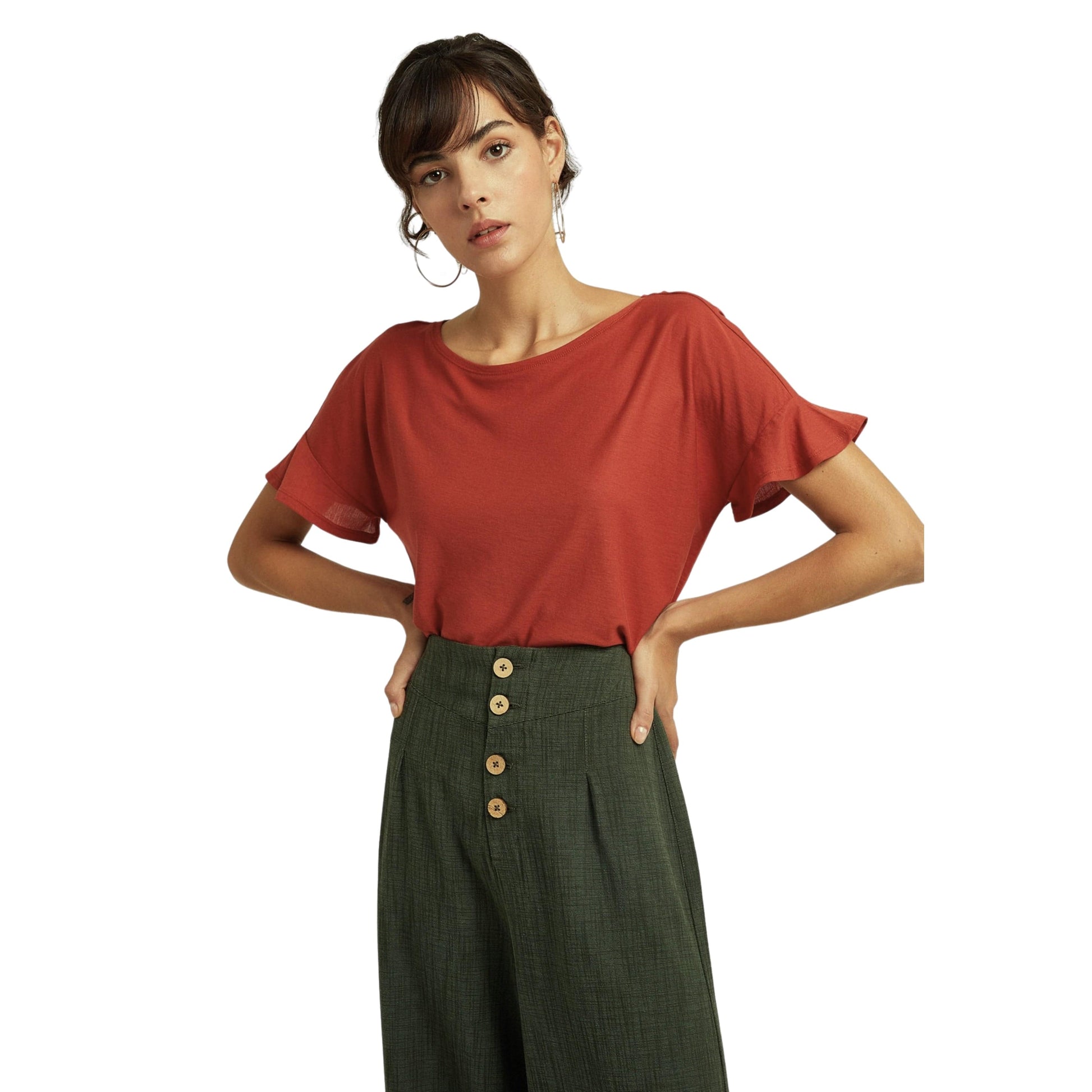 OXXO Womens Tops XL / Brown OXXO - Collar Frilled Sleeve T-Shirt