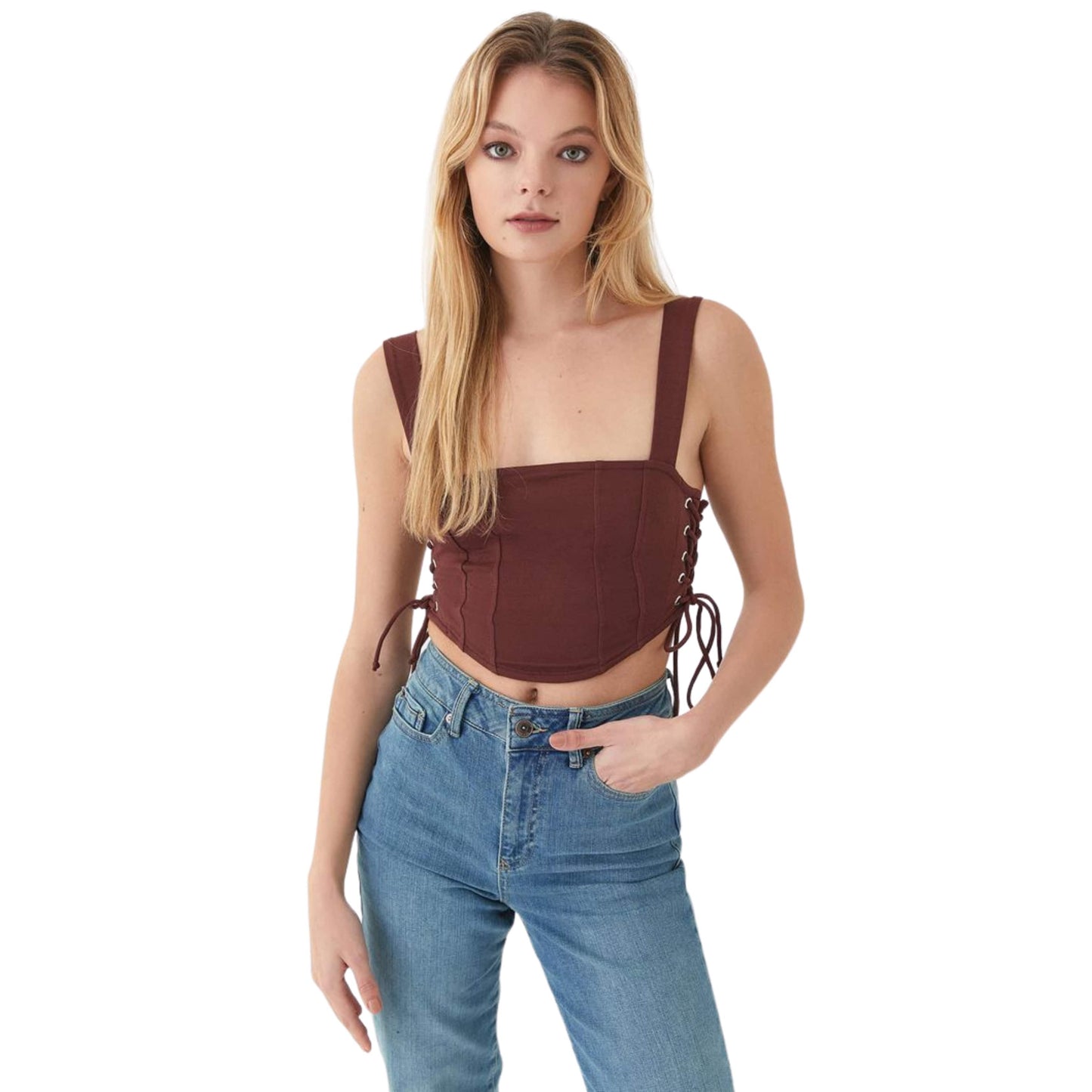 OXXO Womens Tops S / Brown OXXO - Crop Top with Lace Up Detail