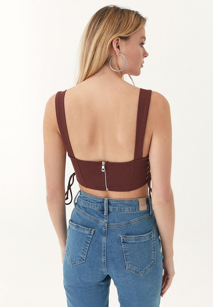 OXXO Womens Tops S / Brown OXXO - Crop Top with Lace Up Detail