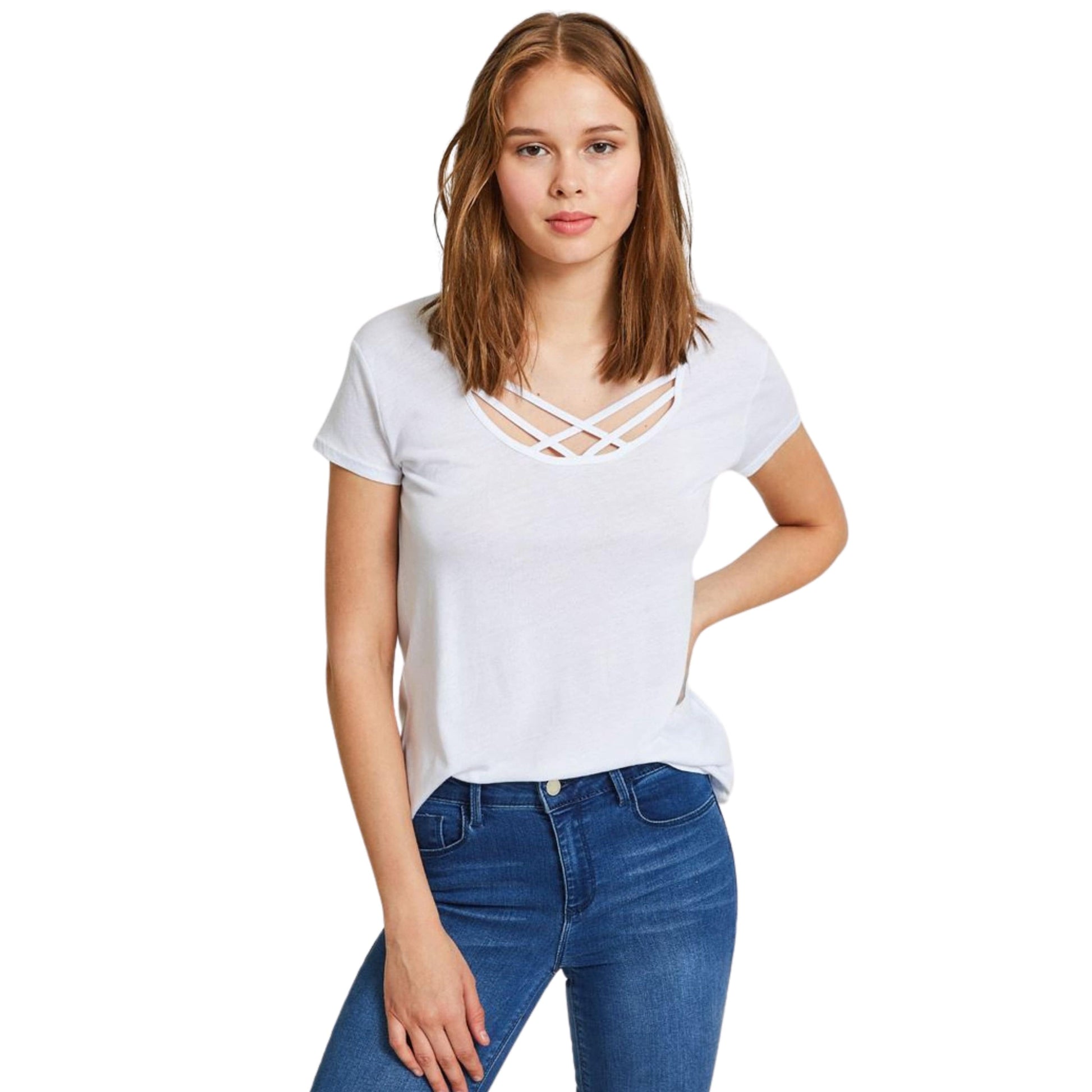 OXXO Womens Tops L / White OXXO - Cross Piping Detailed T-Shirt