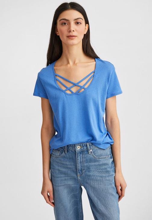 OXXO Womens Tops L / Blue OXXO - Cross Piping Detailed T-Shirt