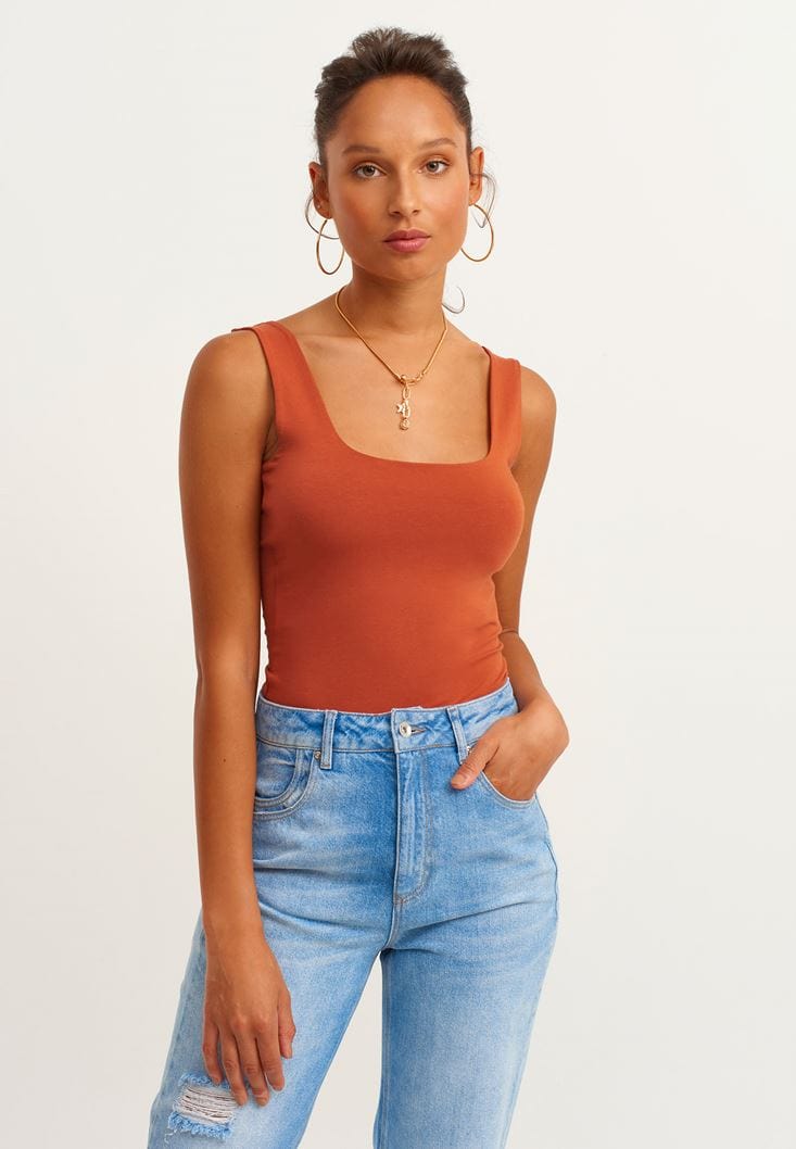OXXO Womens Tops L / Brown OXXO - Flexible Textured Square Neck Undershirt