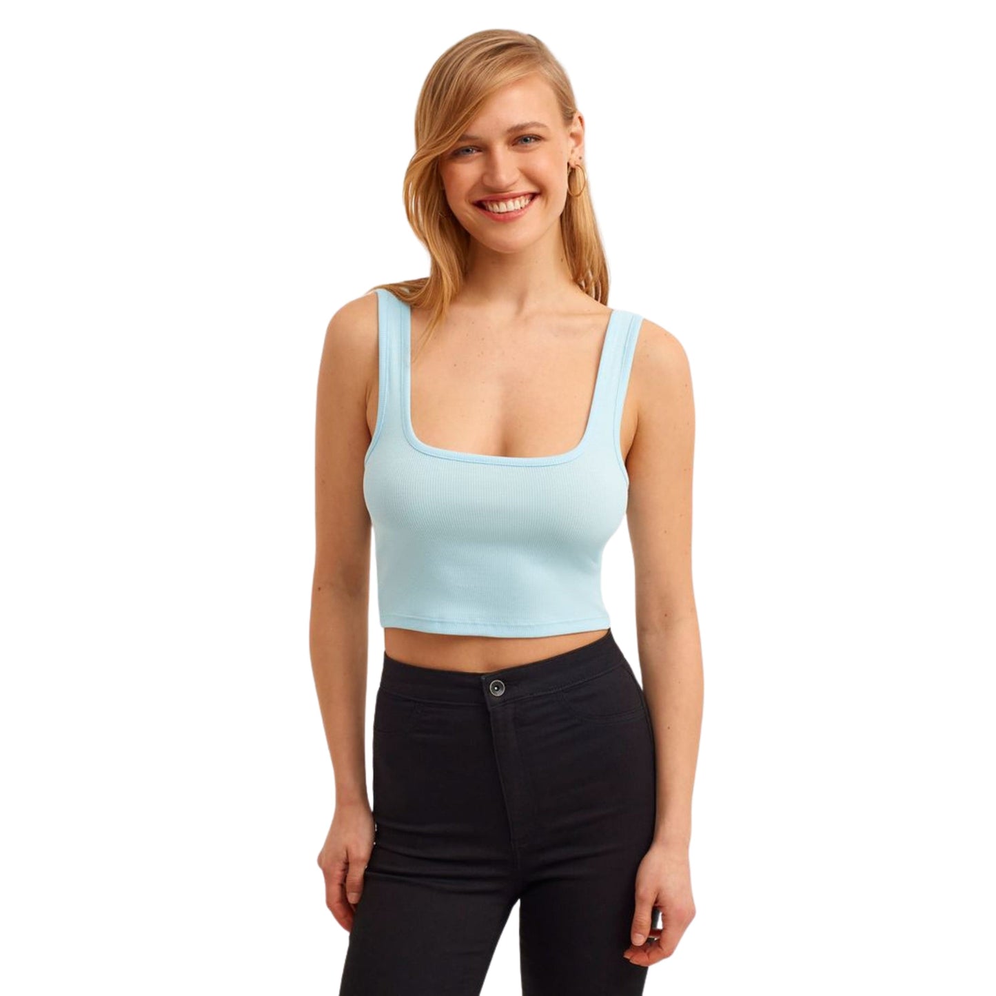 OXXO Womens Tops L / Blue OXXO - Ribbed Textured Sleeveless Cropped Top