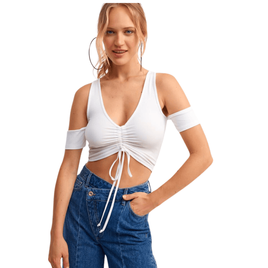 OXXO Womens Tops L / White OXXO - V-neck Crop Top with Gathered Details