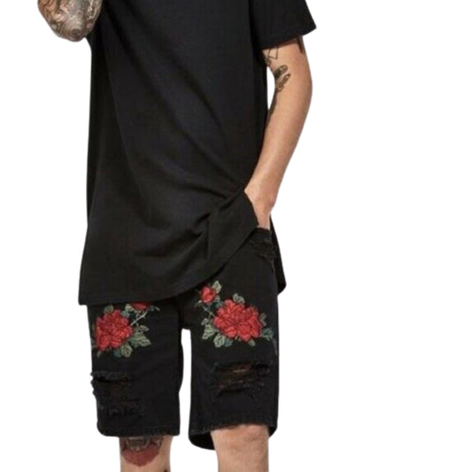 PACSUN Mens Bottoms M / Black / 31 PACSUN - Roses stitch slim fit shorts