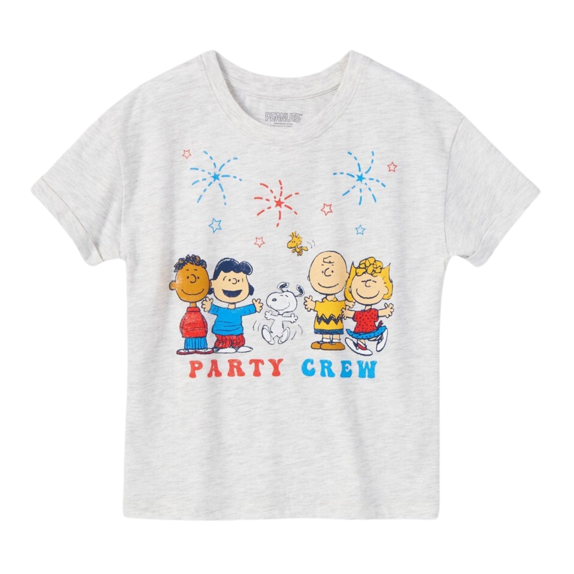 PEANUTS Girls Tops M / Grey PEANUTS - KIDS - Party Crew Cuff Short Sleeve Graphic T-Shirt