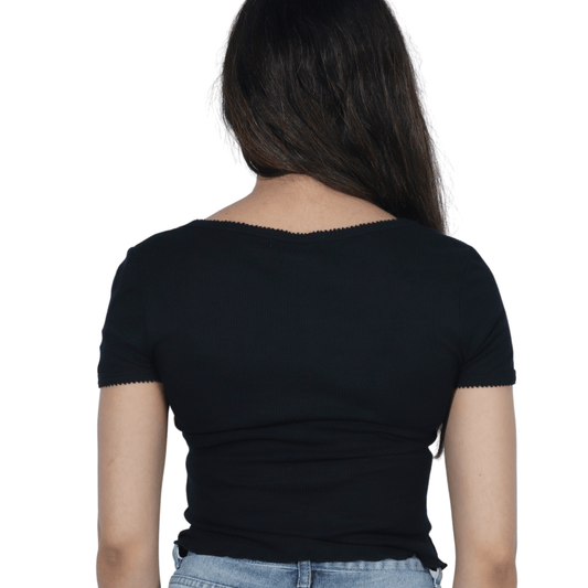 PLANET GOLD Womens Tops XS / Black PLANET GOLD - Lettuce trim design t-shirt