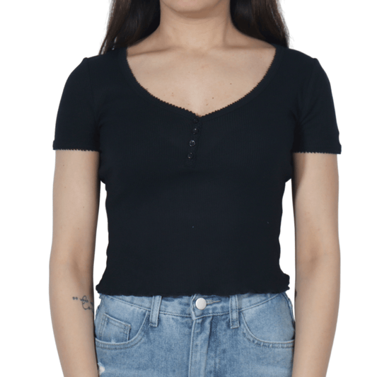 PLANET GOLD Womens Tops XS / Black PLANET GOLD - Lettuce trim design t-shirt