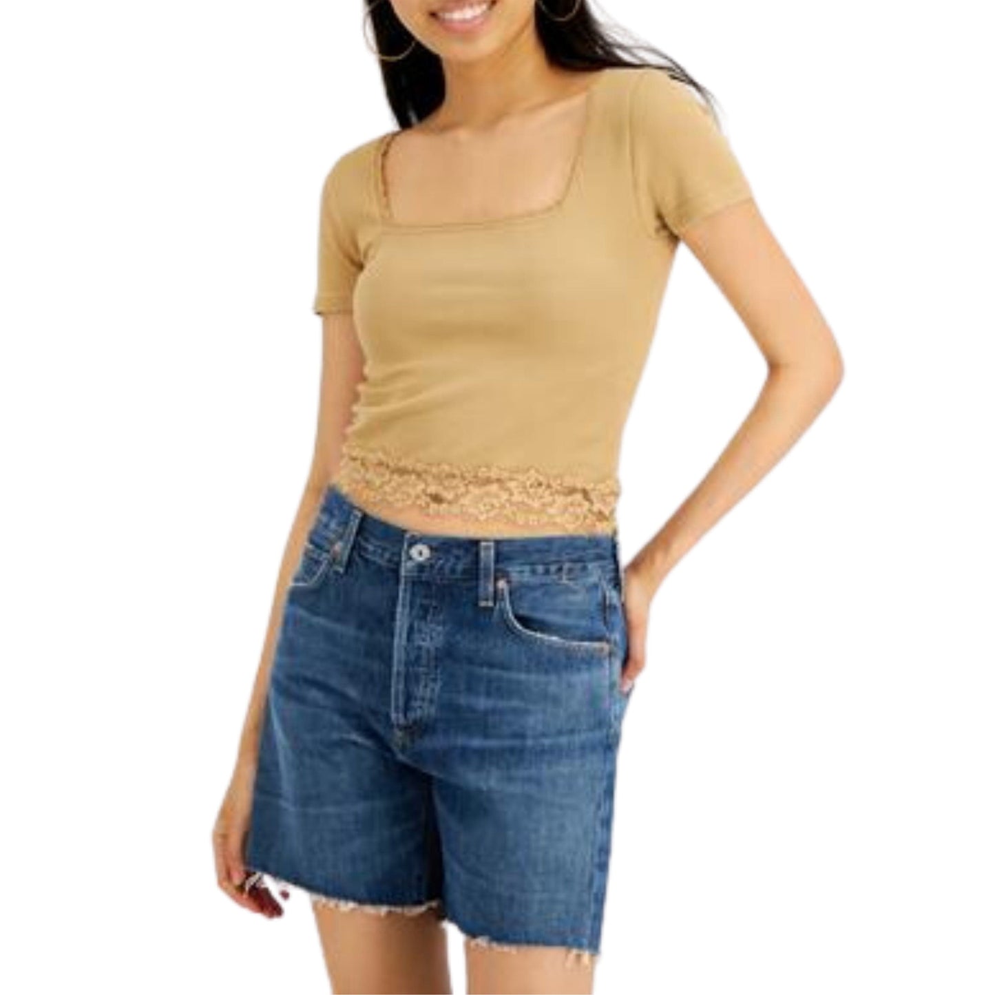 PLANET GOLD Womens Tops M / Beige PLANET GOLD - Ribbed Lace-Trim Cropped Top