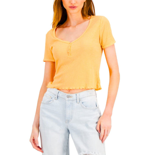 PLANET GOLD Womens Tops XS / Orange PLANET GOLD - Short Sleeve Henley Cropped T-Shirt