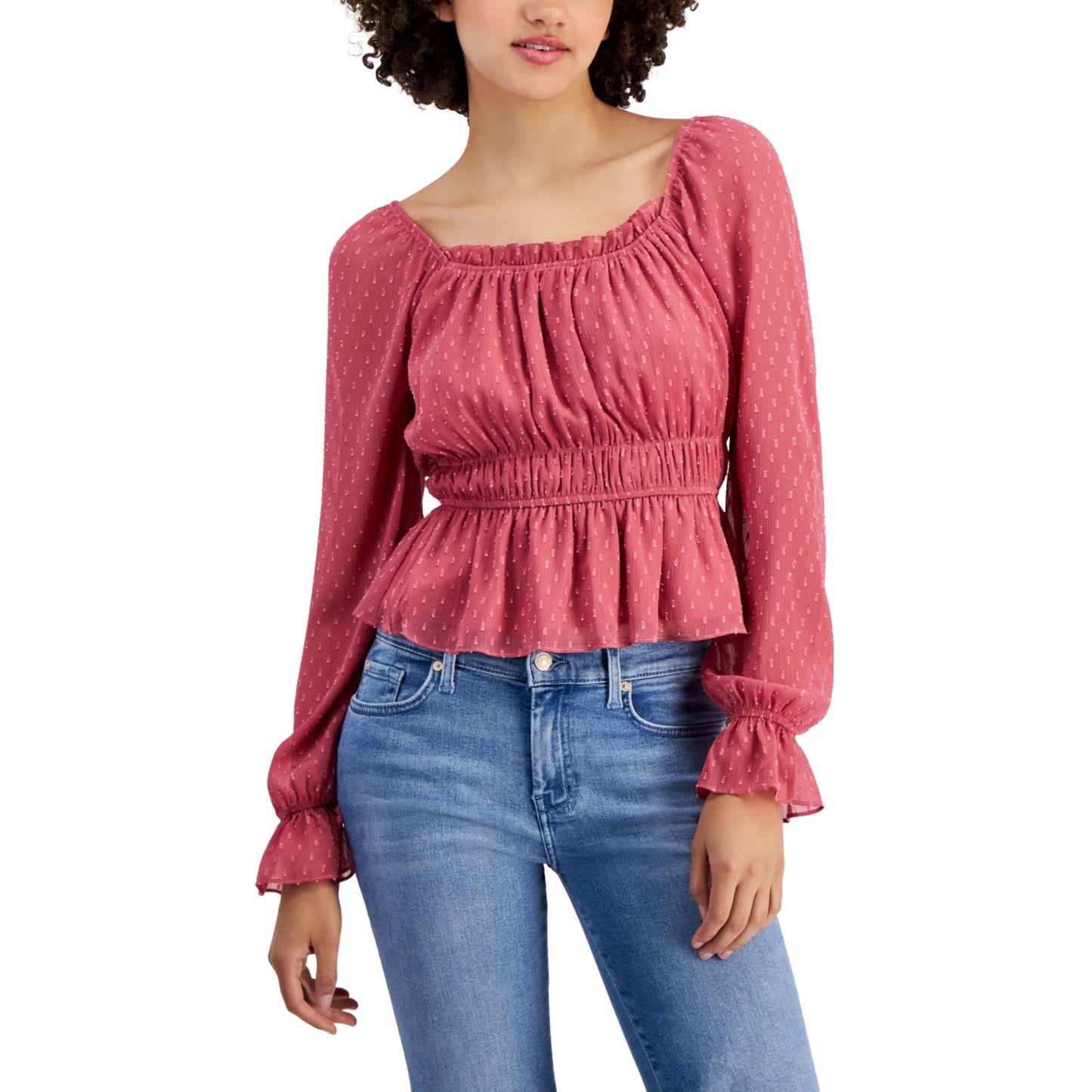 PLANET HEART Womens Tops L / Pink PLANET HEART - Long-Sleeve Ruched Peplum Top