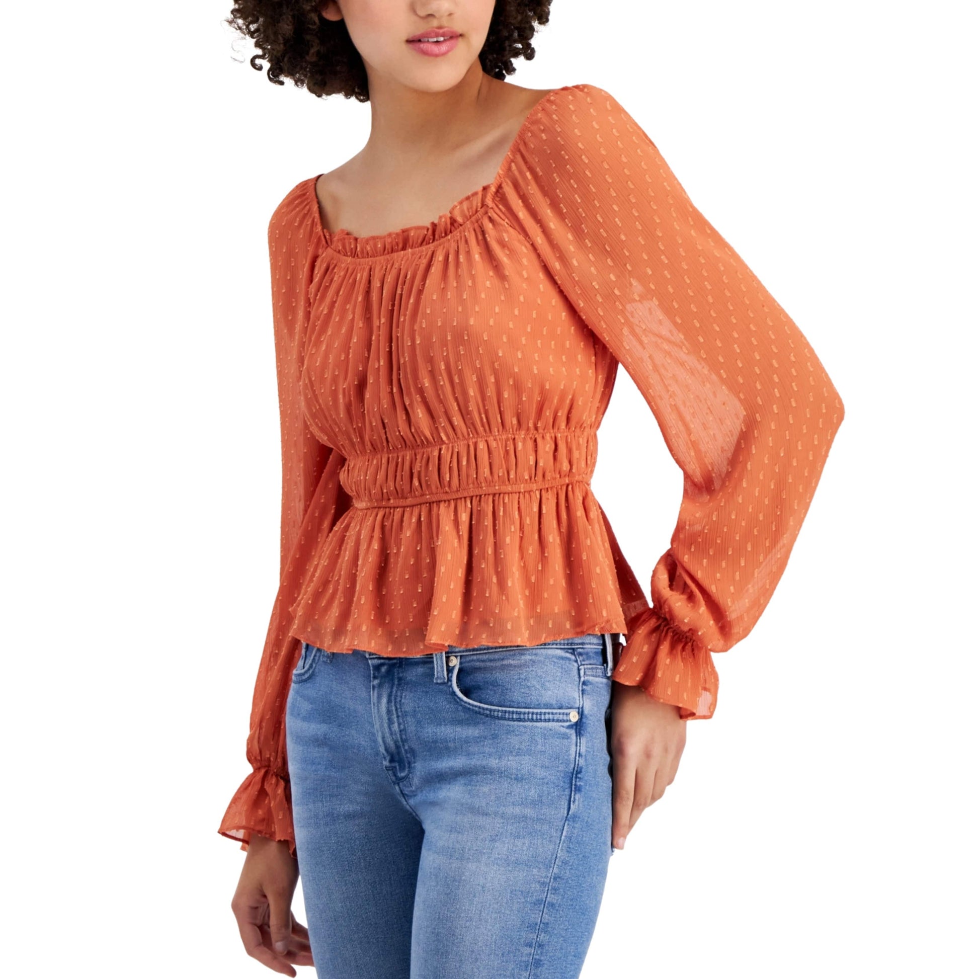 PLANET HEART Womens Tops S / Orange PLANET HEART - Long-Sleeve Ruched Peplum Top