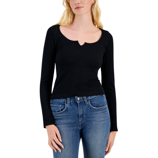 PLANET HEART Womens Tops PLANET HEART - Notched Neckline Ribbed Knit Long-Sleeve Top