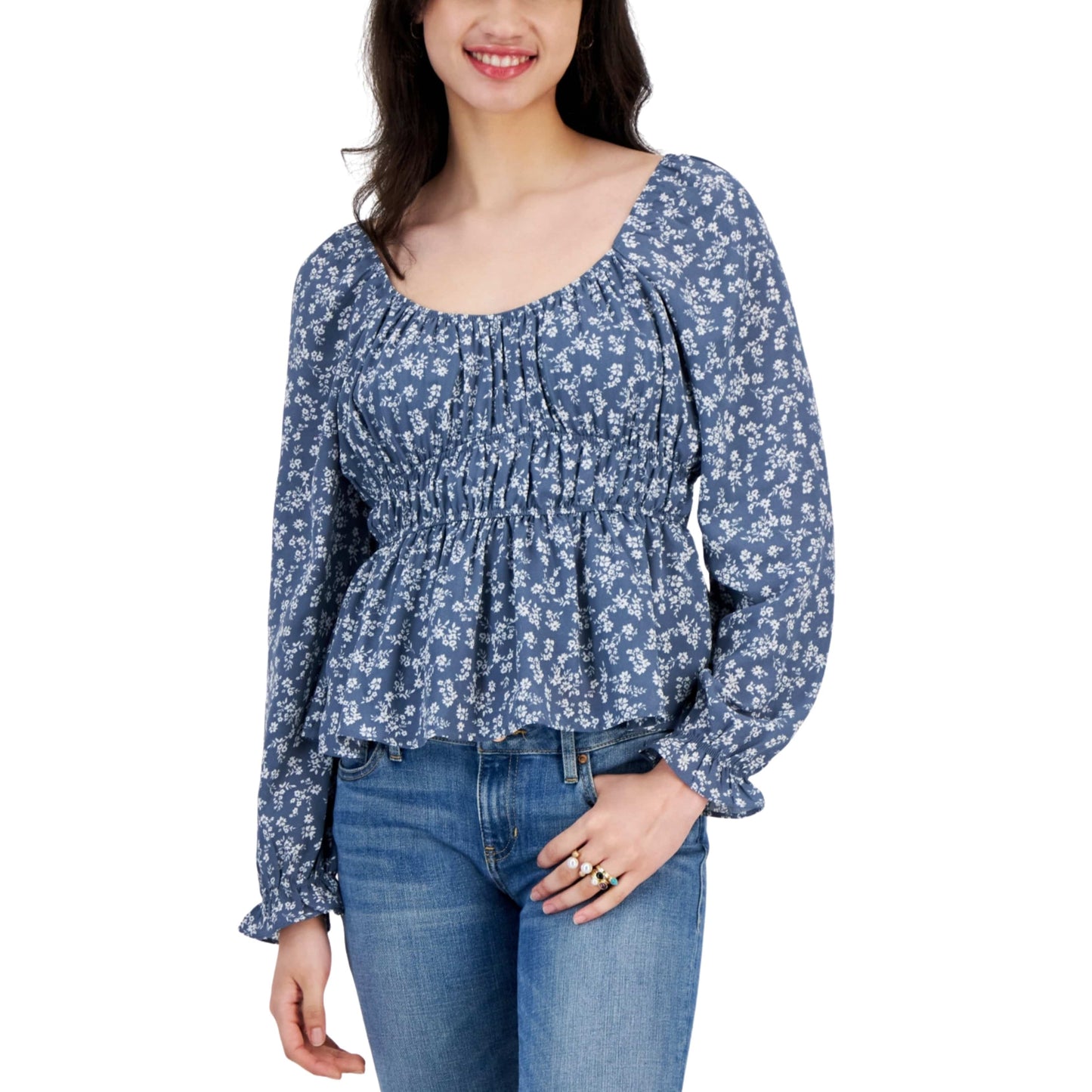 PLANET HEART Womens Tops XS / Blue PLANET HEART - Puffed-Sleeve Peplum-Hem Top