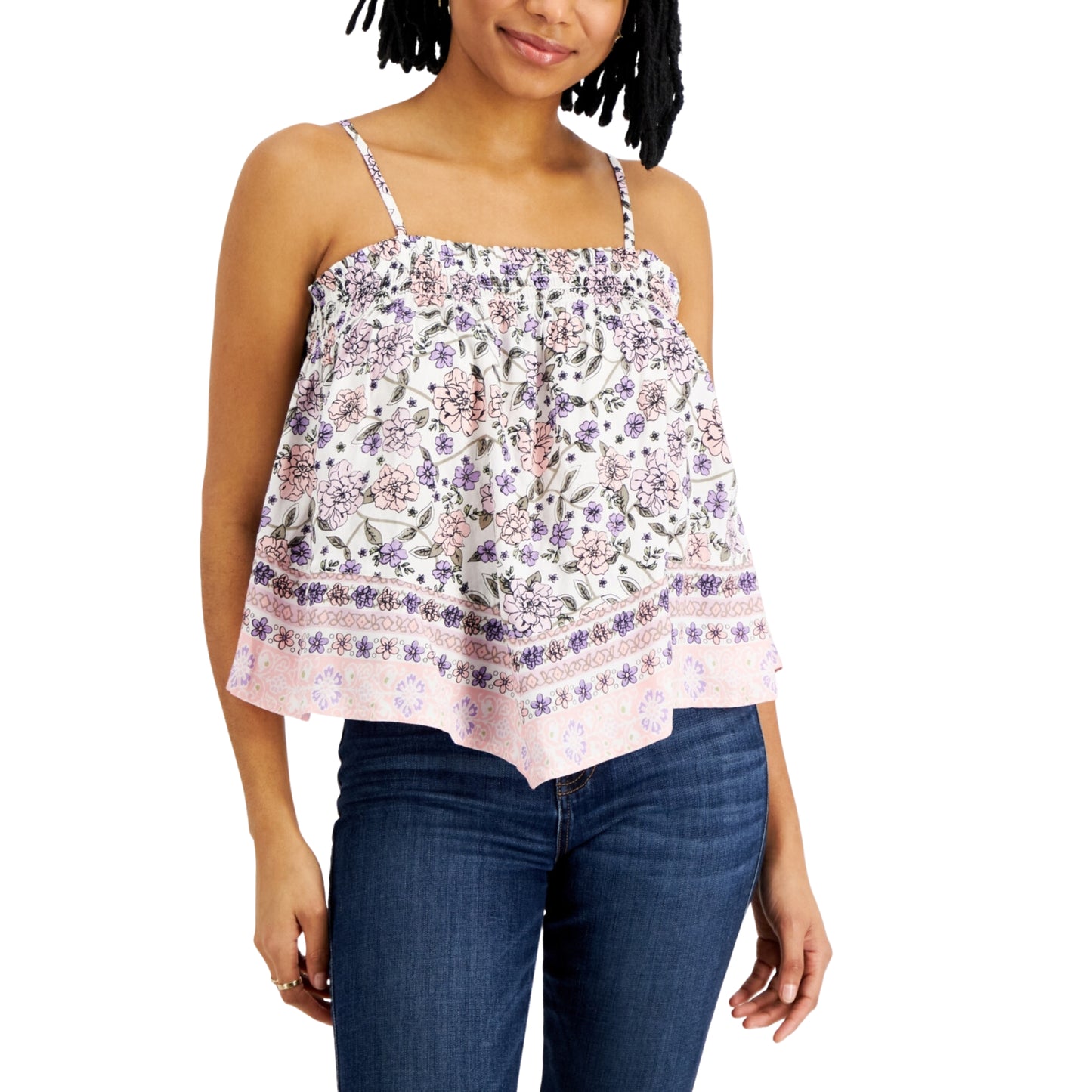 PLANET GOLD - Floral Smocked Ruffle tank top