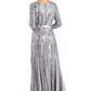 R&M RICHARDS Womens Dress XL / Silver R&M RICHARDS - Long Sleeved Sequined Evening Gown