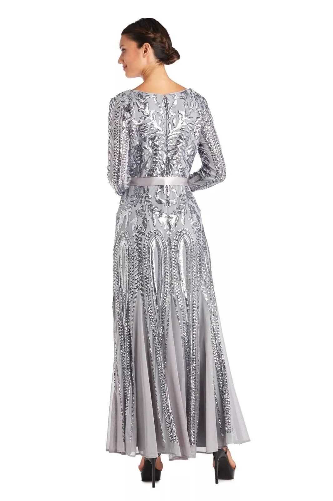 R&M RICHARDS Womens Dress XL / Silver R&M RICHARDS - Long Sleeved Sequined Evening Gown