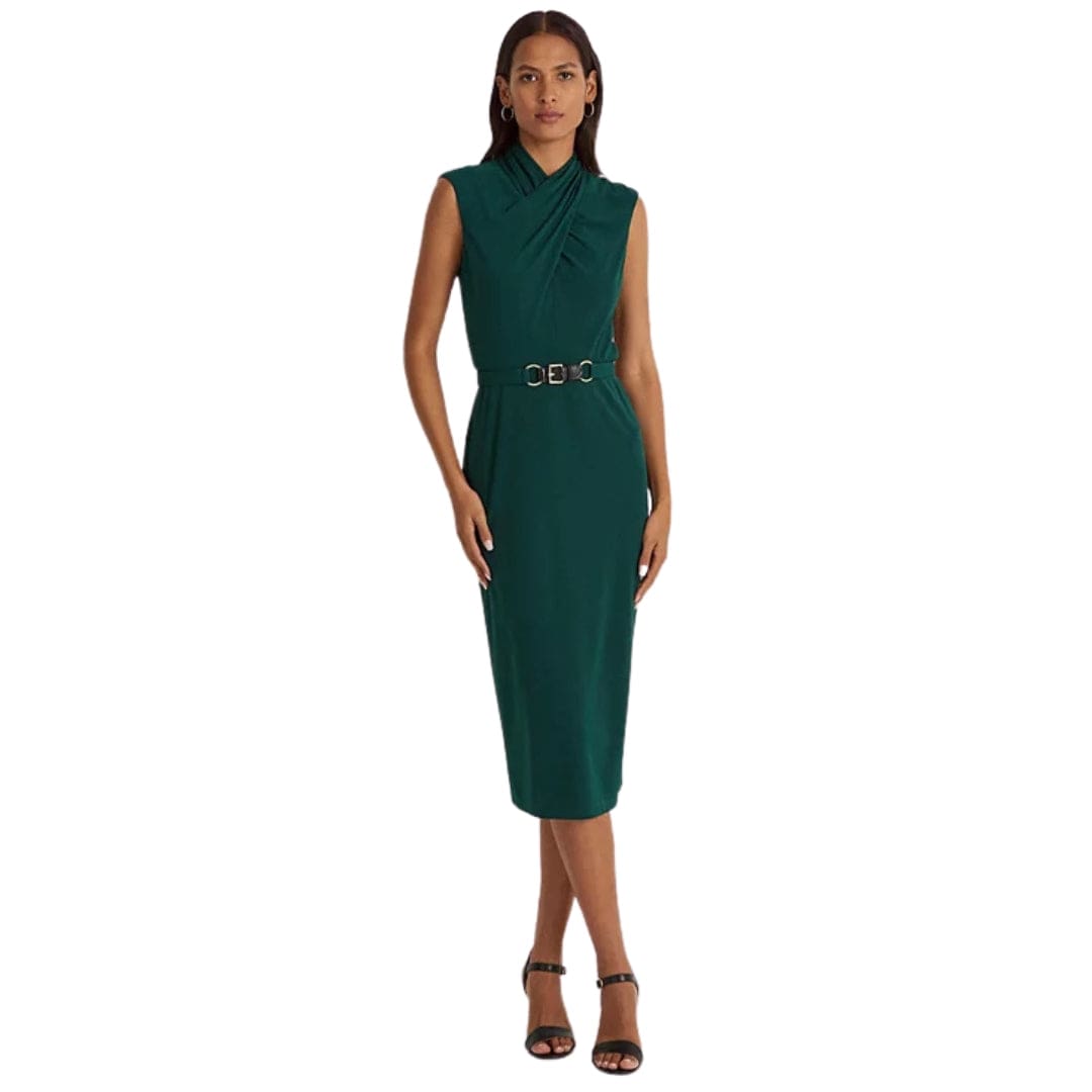 RALPH LAUREN Womens Dress XL / Green RALPH LAUREN - Belted Jersey Mockneck Dress